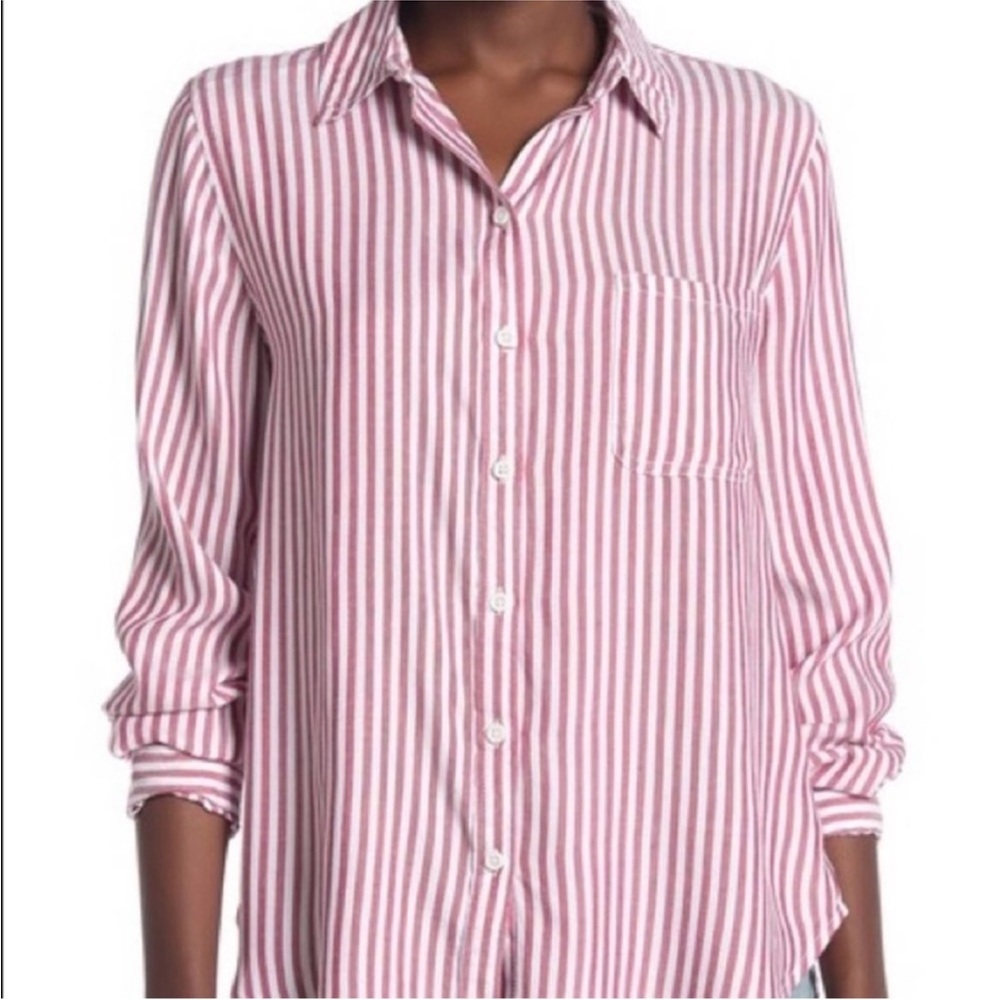 beachlunchlounge Shirt Medium Red White Striped Collared Button-Down Long-Sleev - Picture 2 of 13